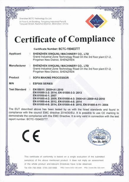 LA CHINE Shenzhen Xinqunli Machinery Co., Ltd. Certifications