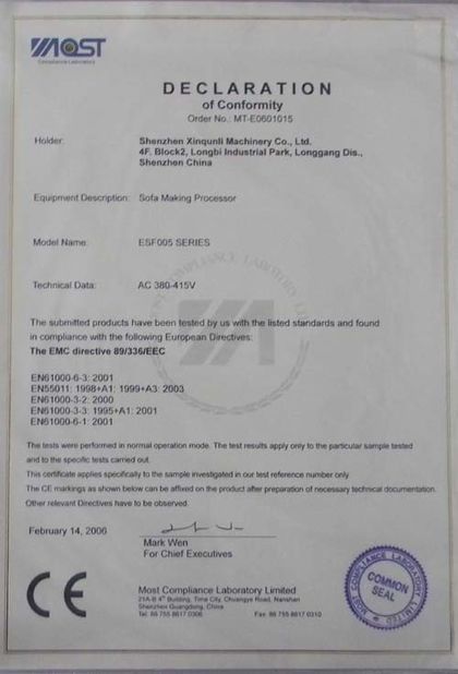 Chine Shenzhen Xinqunli Machinery Co., Ltd. Certifications
